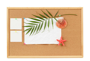 Image showing Background with blank crumpled paper, seashells, palm leave and seashell