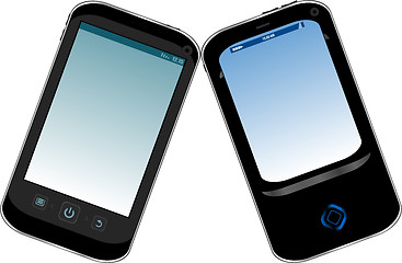 Image showing Two mobile smartphones with blank blue screen isolated on white