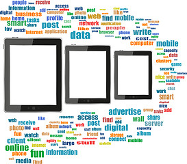 Image showing tablet pc in social media words, communication in the global computer networks