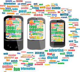 Image showing Touchscreen smart phone with social word cloud isolated on white background