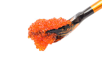 Image showing Red salted caviar with wooden spoon