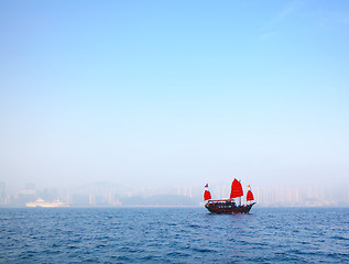 Image showing Sailboat sailing in victoria harbor at Hong Kong