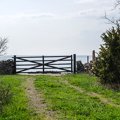 Image showing Old wooden gate to the water