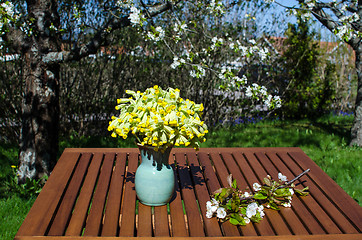 Image showing Decorated table in a sunny garden at spring