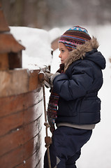 Image showing Little girl climbing a rope ladder