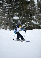 Image showing Little skier doing slalom 