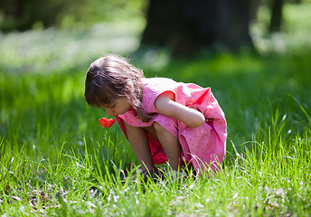 Image showing Little girl sniffing flower