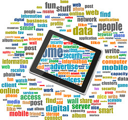 Image showing tablet pc in social media words, communication in the global computer networks