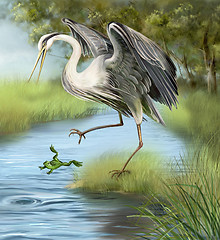 Image showing Illustration, crane hunting a frog in the water.