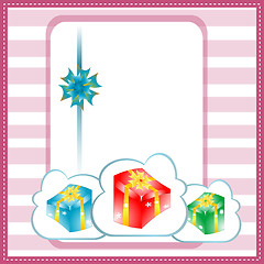 Image showing Holiday background with blue gift bow and gift boxes