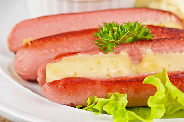 Image showing sausages with cheese and omelette