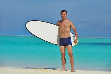 Image showing Man with surf board on beach