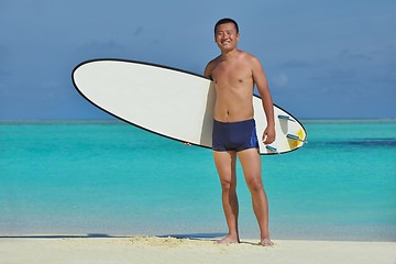 Image showing Man with surf board on beach