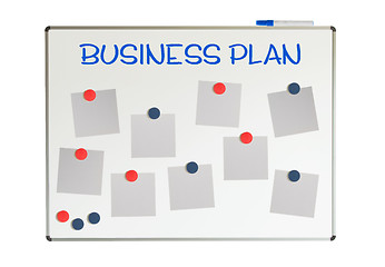 Image showing Business plan with empty papers and magnets on a whiteboard