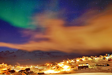 Image showing Tasiilaq in mist and northern lights