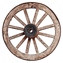 Image showing Old wooden wagon wheel on white background