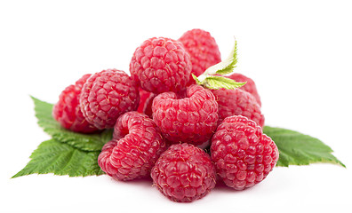 Image showing Ripe raspberry with green leaf