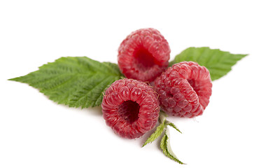 Image showing Ripe raspberry with green leaf