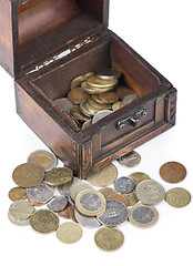 Image showing Wooden casket full of coins thai