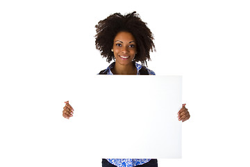 Image showing Beautiful afro american Woman  with blank whiteboard