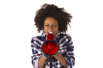 Image showing Young african american using megaphone