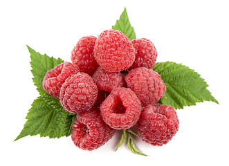 Image showing Ripe raspberry with green leaf