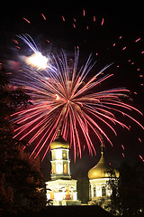 Image showing Fireworks above church