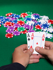 Image showing Colorful poker chips and two Ace