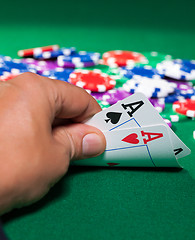 Image showing Colorful poker chips and two Ace