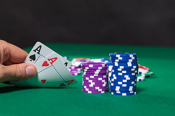 Image showing Colorful poker chips and two Ace