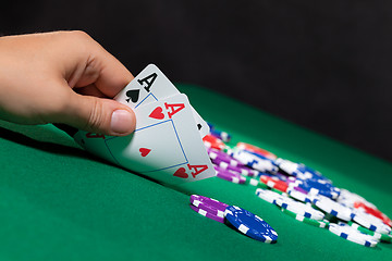 Image showing Colorful poker chips and two Ace