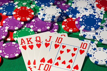 Image showing Colorful poker chips and royal flush