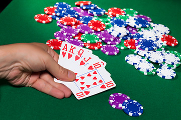 Image showing Colorful poker chips and royal flush