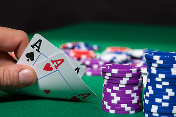 Image showing Colorful poker chips and two Ace