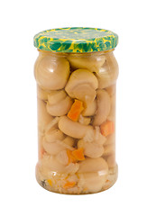 Image showing marinated champignon mushrooms glass jar isolated 