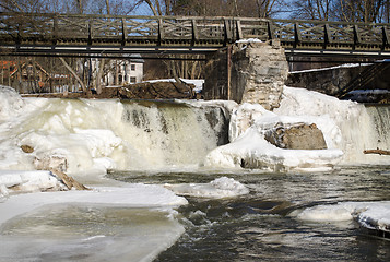 Image showing river waterfall retro bridge frozen icicles winter 