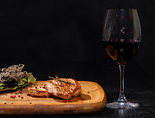 Image showing Grilled steak with glass red wine