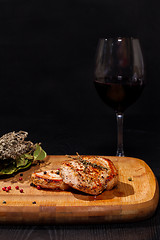Image showing Grilled steak with glass red wine