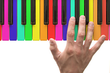 Image showing Rainbow piano keyboard with hand