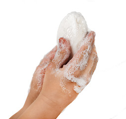 Image showing Lathered hands and soap