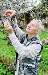 Image showing Woman cuts a branch at an Apple-tree, a spring in the garden 