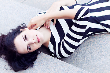 Image showing beautiful woman in sexy dress on stairs summertime