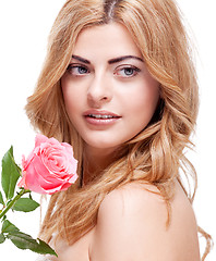 Image showing beautiful blond woman portrait with pink rose