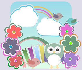 Image showing Background with owl, flowers birds and clouds