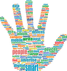 Image showing hand symbol, which is composed of text keywords on social media themes. Isolated on white