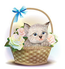 Image showing Illustration of  the fluffy kitten sitting in a basket with rose