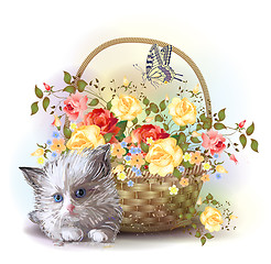 Image showing Illustration of  the fluffy kitten and  basket with roses