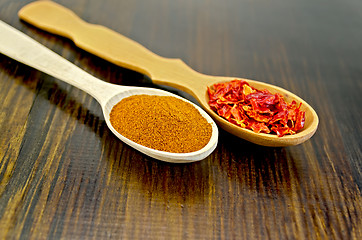 Image showing Peppers red powder and flakes in wooden spoons