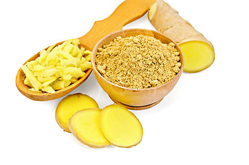 Image showing Ginger powder and grated in a wooden dishes