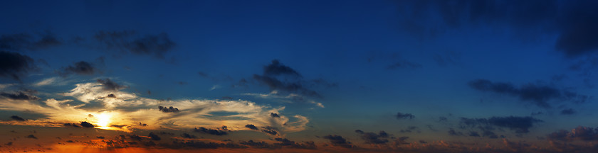 Image showing Spectacular panoramic photo of sunset over sea. High resolution.